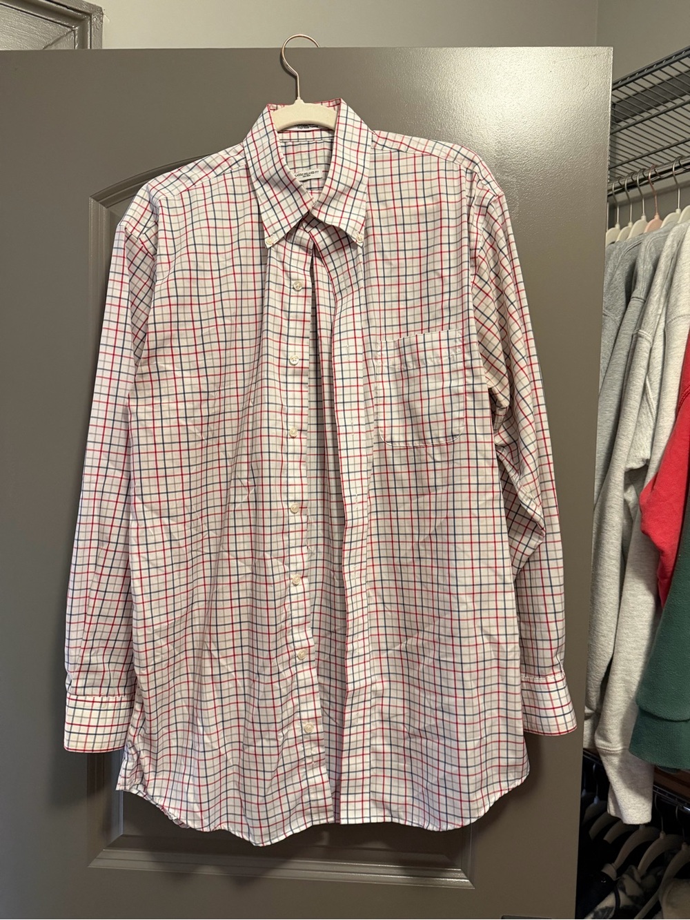 Men’s White Button-Down Shirt with Red & Blue Windowpane